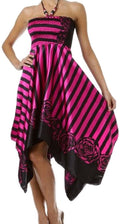 Striped Satin Feel Beaded Halter Smocked Bodice Handkerchief Hem Dress#color_Black / Fuchsia