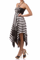 Striped Satin Feel Beaded Halter Smocked Bodice Handkerchief Hem Dress