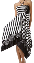 Striped Satin Feel Beaded Halter Smocked Bodice Handkerchief Hem Dress#color_Black / White