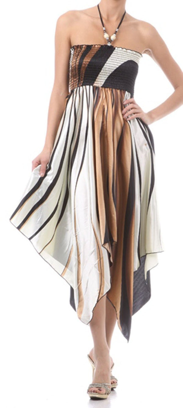 Swirl Design Satin Feel Beaded Halter Smocked Bodice Handkerchief Hem Dress#color_Brown