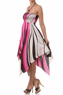 Swirl Design Satin Feel Beaded Halter Smocked Bodice Handkerchief Hem Dress