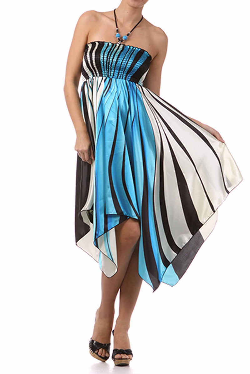 Swirl Design Satin Feel Beaded Halter Smocked Bodice Handkerchief Hem