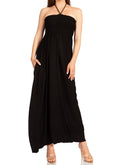 Sakkas Soft Jersey Feel Solid Color Smocked Bodice String Halter Long Dress#color_Black