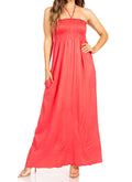 Sakkas Soft Jersey Feel Solid Color Smocked Bodice String Halter Long Dress#color_Coral