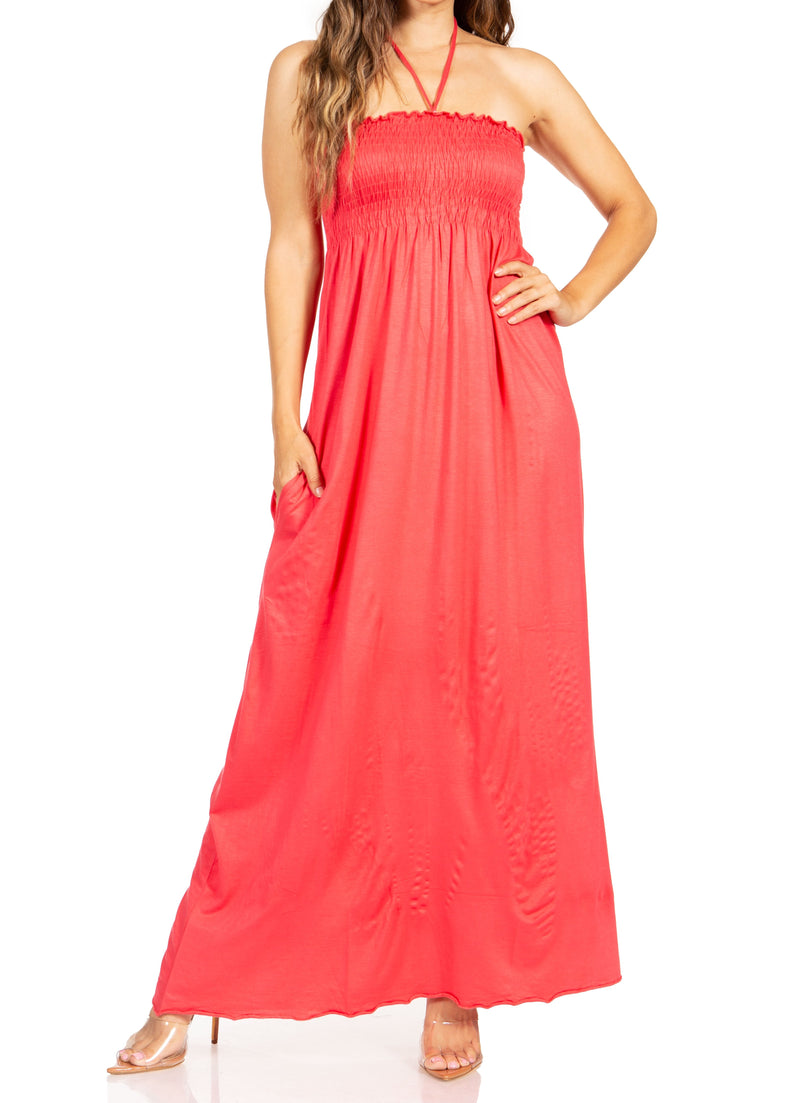 Sakkas Soft Jersey Feel Solid Color Smocked Bodice String Halter Long Dress