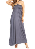 Sakkas Soft Jersey Feel Solid Color Smocked Bodice String Halter Long Dress#color_Grey