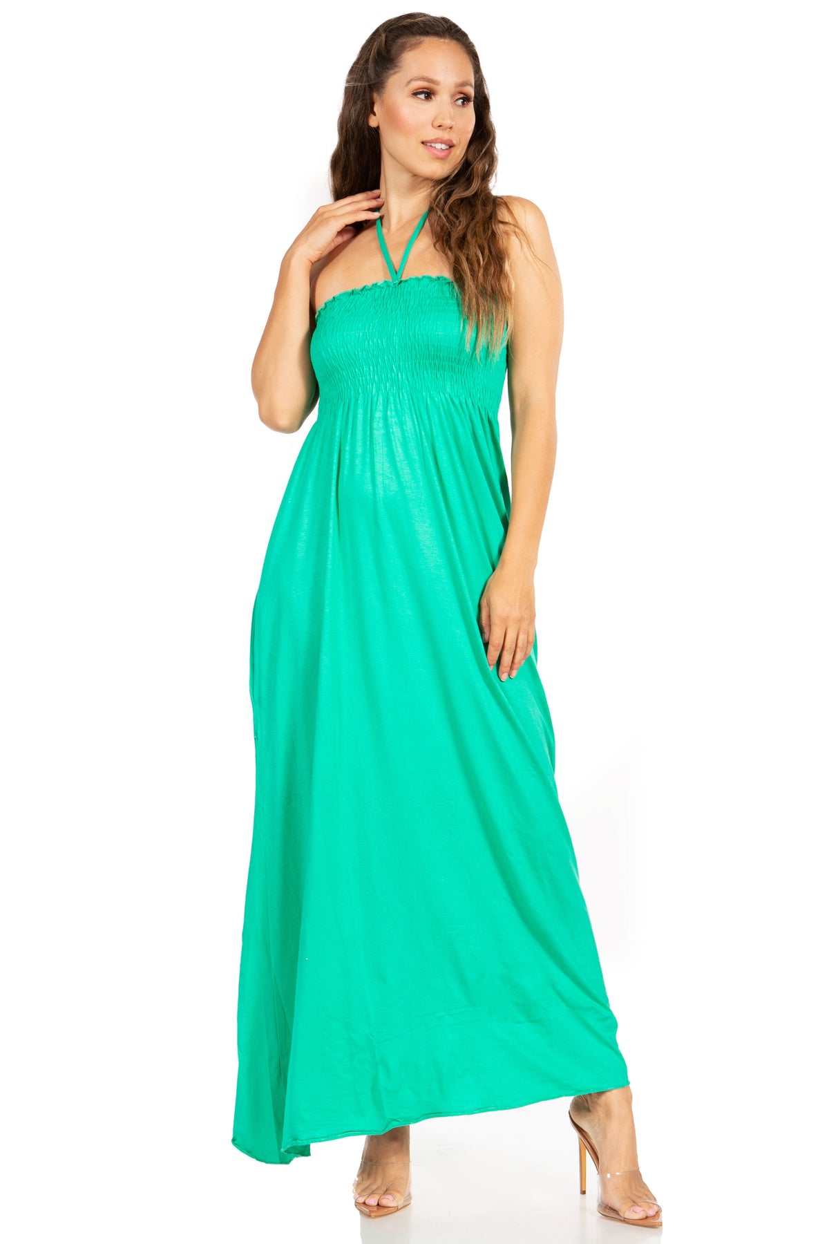Sakkas Soft Jersey Feel Solid Color Smocked Bodice String Halter Long Dress XL / Green Sakkas Soft Jersey Feel Solid Color Smocked Bodice String Halter Long Dress XL / Green