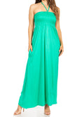 Sakkas Soft Jersey Feel Solid Color Smocked Bodice String Halter Long Dress#color_Green