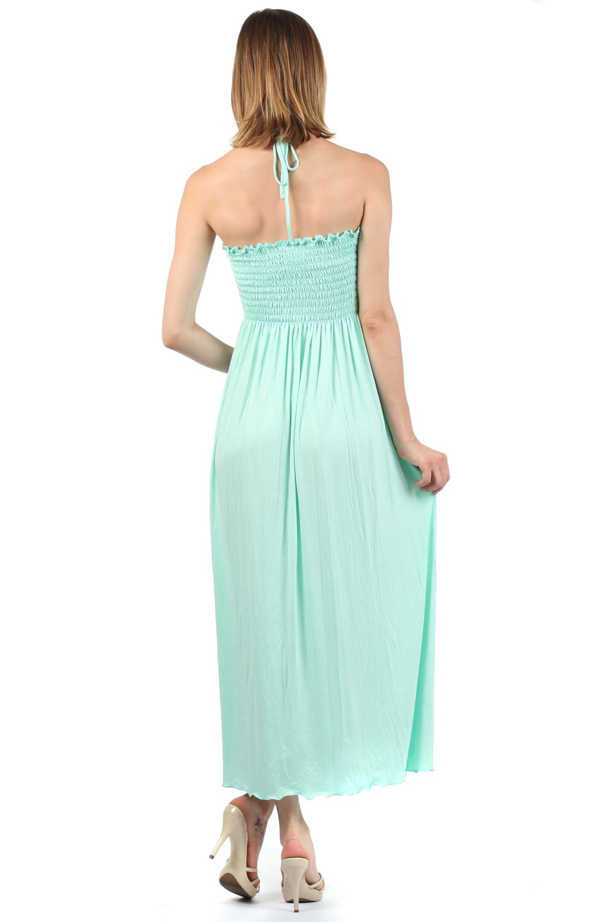 Sakkas Soft Jersey Feel Solid Color Smocked Bodice String Halter Long