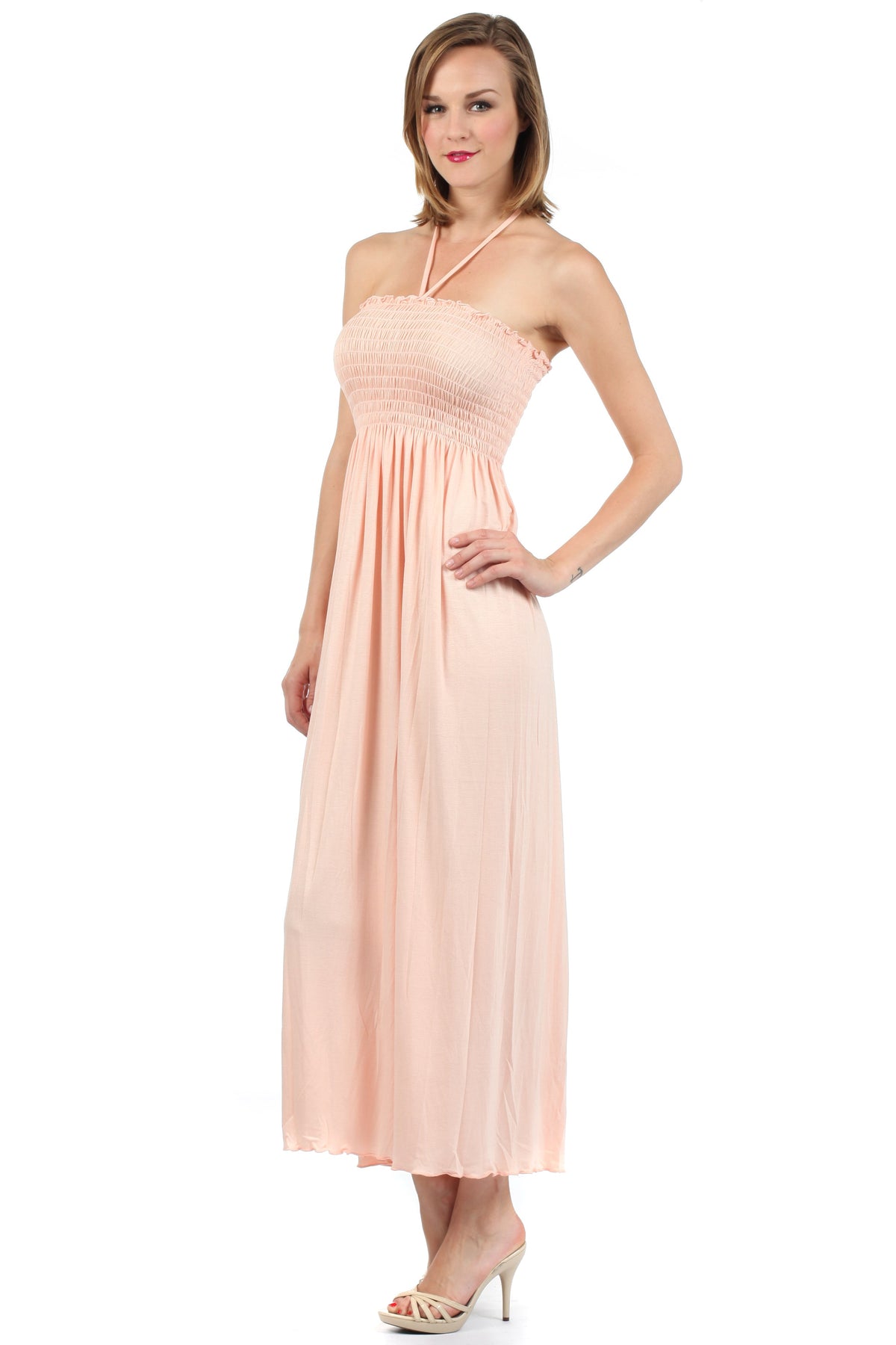 Sakkas Soft Jersey Feel Solid Color Smocked Bodice String Halter Long
