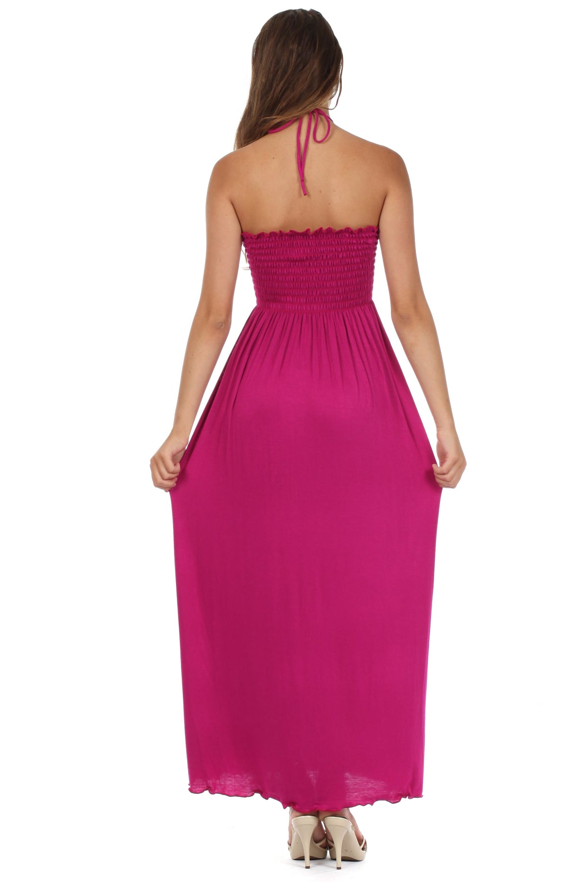 Sakkas Soft Jersey Feel Solid Color Smocked Bodice String Halter Long