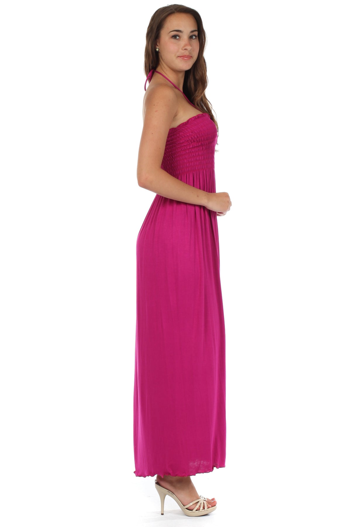 Sakkas Soft Jersey Feel Solid Color Smocked Bodice String Halter Long