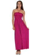 Sakkas Soft Jersey Feel Solid Color Smocked Bodice String Halter Long Dress#color_Magenta