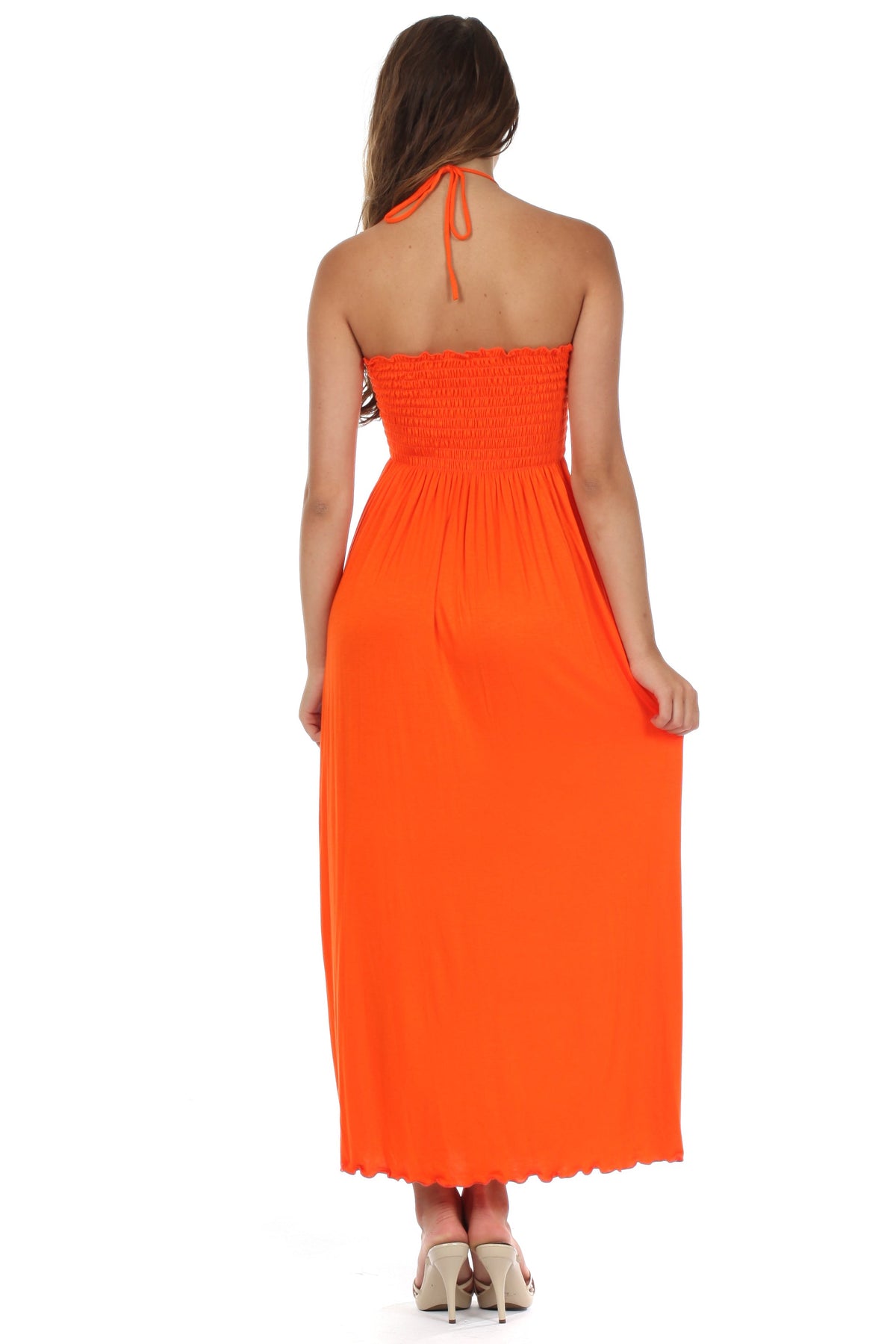 Sakkas Soft Jersey Feel Solid Color Smocked Bodice String Halter Long
