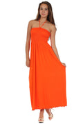Sakkas Soft Jersey Feel Solid Color Smocked Bodice String Halter Long Dress#color_Orange
