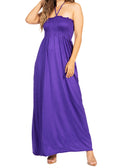 Sakkas Soft Jersey Feel Solid Color Smocked Bodice String Halter Long Dress#color_Purple