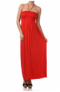 Sakkas Soft Jersey Feel Solid Color Smocked Bodice String Halter Long Dress#color_Red