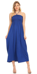 Sakkas Soft Jersey Feel Solid Color Smocked Bodice String Halter Long Dress