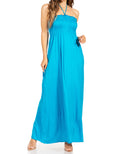 Sakkas Soft Jersey Feel Solid Color Smocked Bodice String Halter Long Dress#color_Turquoise