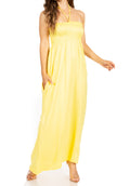 Sakkas Soft Jersey Feel Solid Color Smocked Bodice String Halter Long Dress#color_Yellow