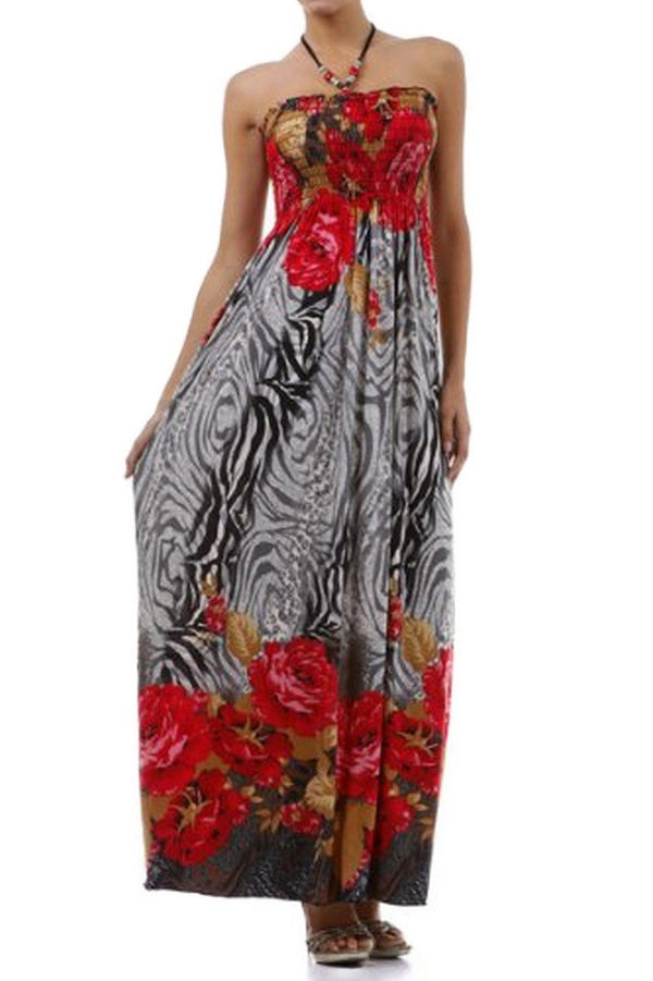 Rose and Zebra Graphic Print Beaded Halter Smocked Bodice Maxi / Long Dress#color_Red