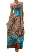 Rose and Zebra Graphic Print Beaded Halter Smocked Bodice Maxi / Long Dress#color_Turquoise