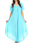 Sakkas Lilia Embroidered Lace Up Bodice Relaxed Fit  Maxi Sun Dress#color_Turquoise