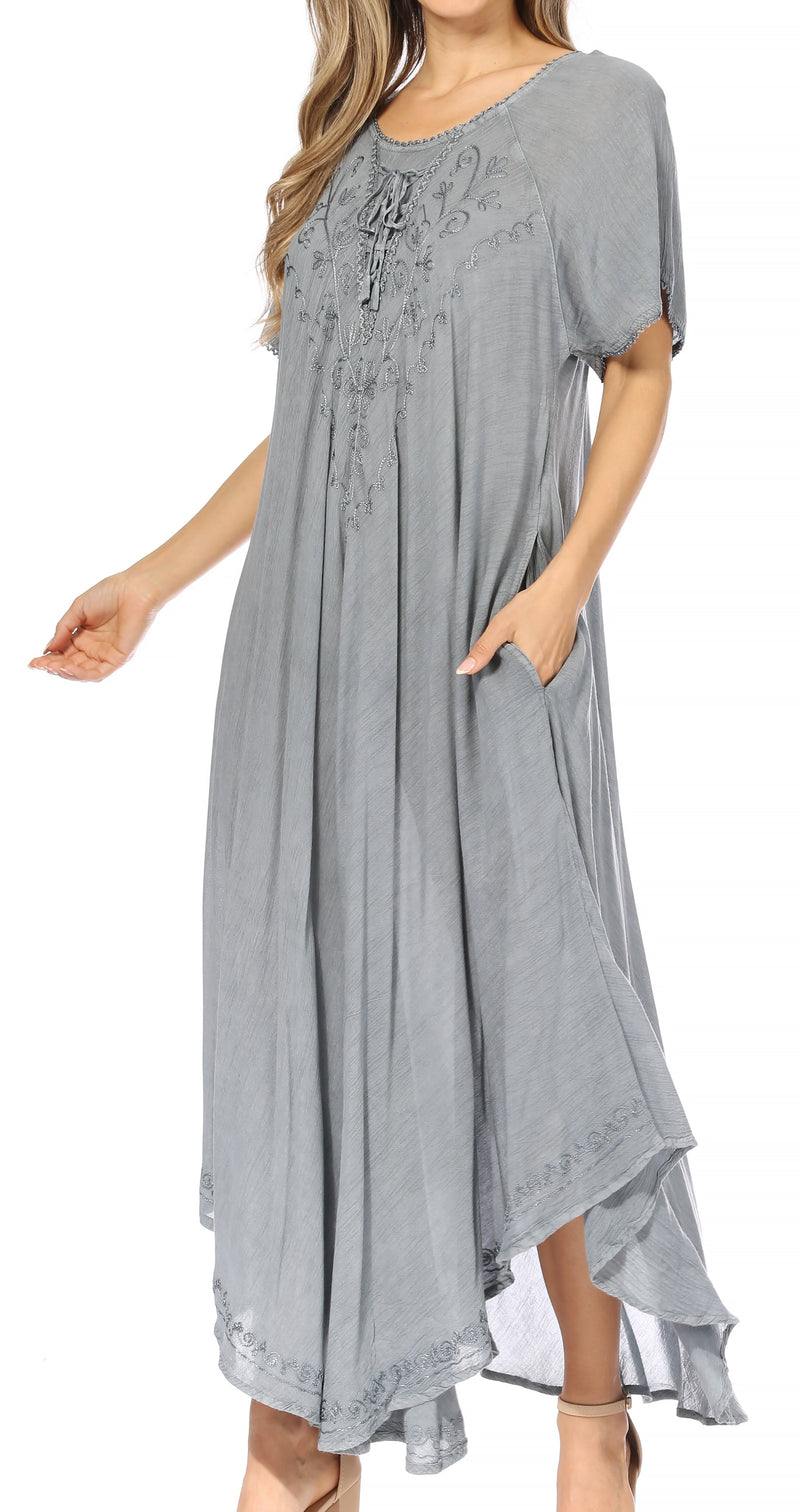 Sakkas Lilia Embroidered Lace Up Bodice Relaxed Fit  Maxi Sun Dress