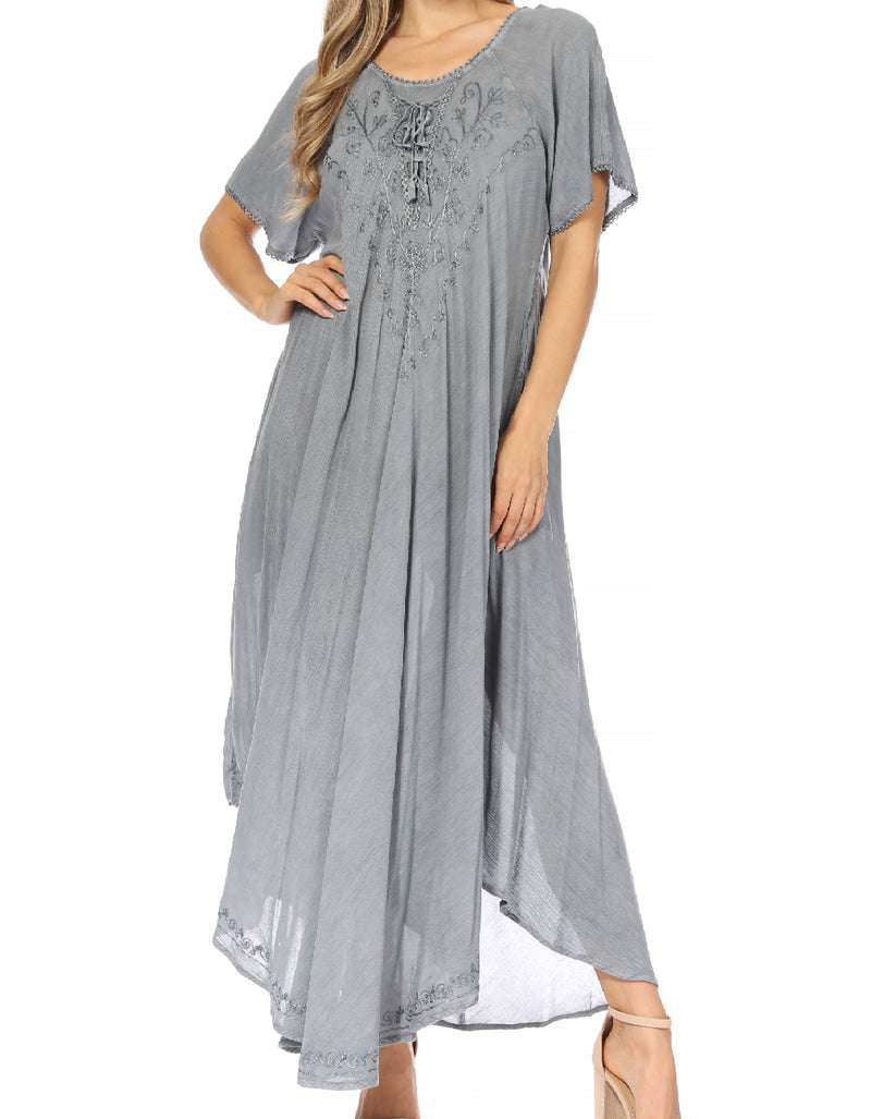 Sakkas Lilia Embroidered Lace Up Bodice Relaxed Fit  Maxi Sun Dress