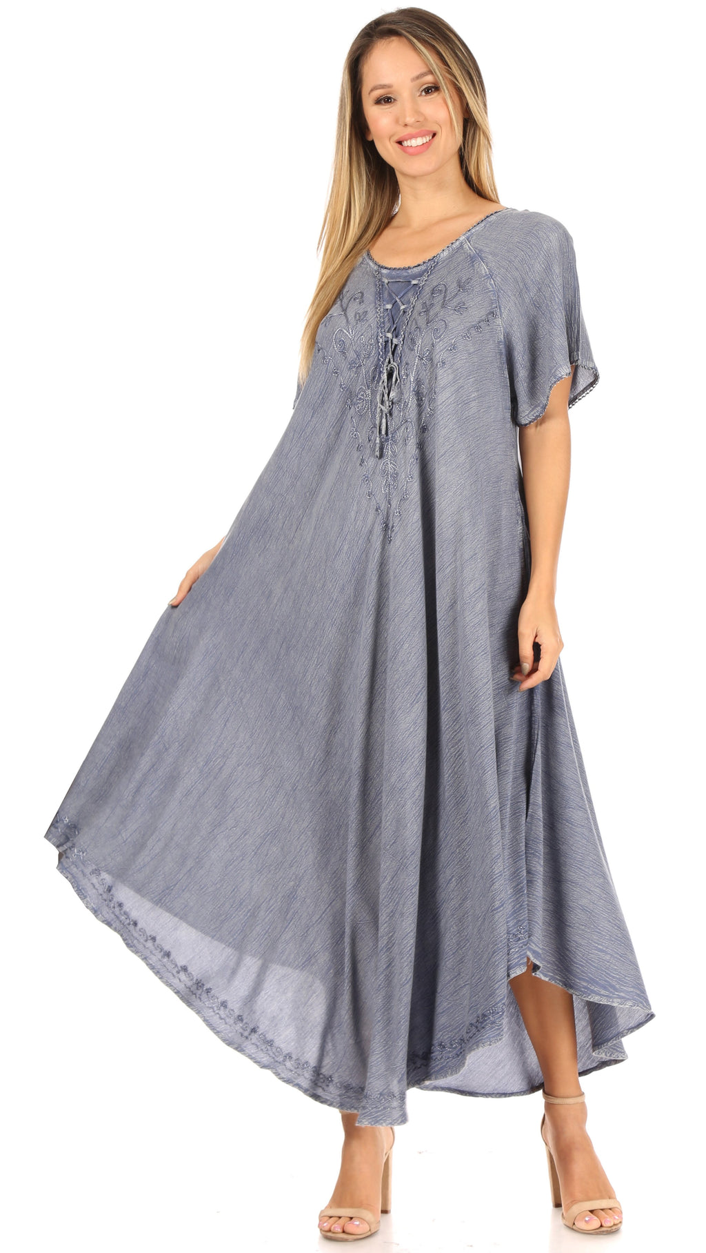 Sakkas Lilia Embroidered Lace Up Bodice Relaxed Fit Maxi Sun Dress
