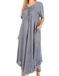 Sakkas Lilia Embroidered Lace Up Bodice Relaxed Fit  Maxi Sun Dress#color_A-Blue