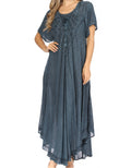 Sakkas Lilia Embroidered Lace Up Bodice Relaxed Fit  Maxi Sun Dress#color_A-Midnight Blue