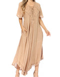 Sakkas Lilia Embroidered Lace Up Bodice Relaxed Fit  Maxi Sun Dress#color_A-Oatmeal