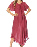 Sakkas Lilia Embroidered Lace Up Bodice Relaxed Fit  Maxi Sun Dress#color_A-Sangria
