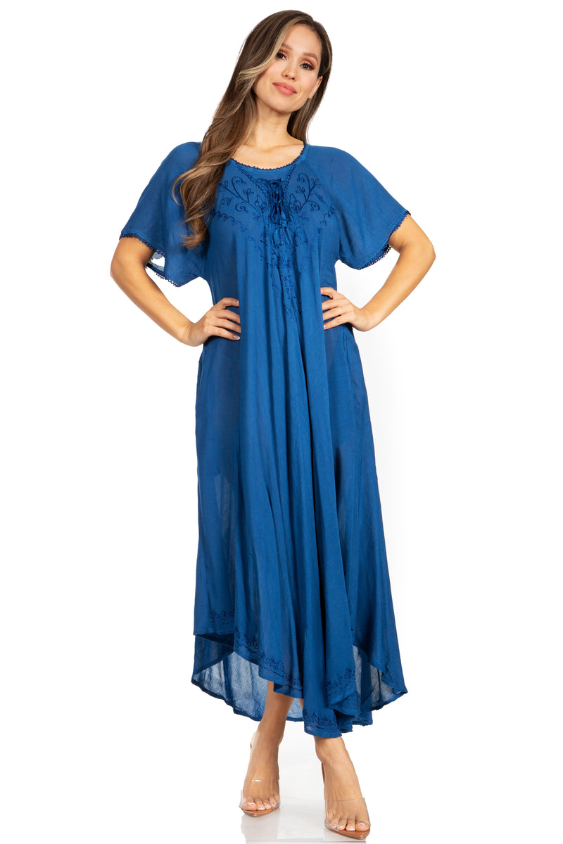 Sakkas Lilia Embroidered Lace Up Bodice Relaxed Fit  Maxi Sun Dress