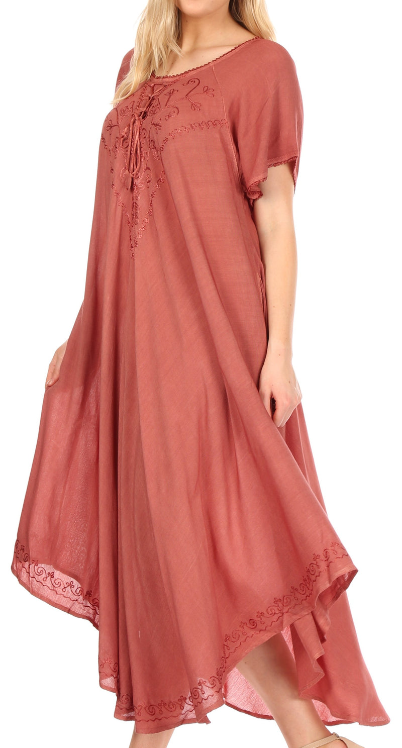 Sakkas Lilia Embroidered Lace Up Bodice Relaxed Fit  Maxi Sun Dress