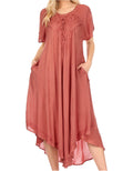 Sakkas Lilia Embroidered Lace Up Bodice Relaxed Fit  Maxi Sun Dress#color_Brown
