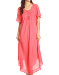 Sakkas Lilia Embroidered Lace Up Bodice Relaxed Fit  Maxi Sun Dress#color_Coral 