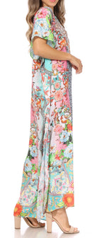 Sakkas Vicky Women's Casual Long Print Short Sleeve Petit Beach Maxi Caftan Dress