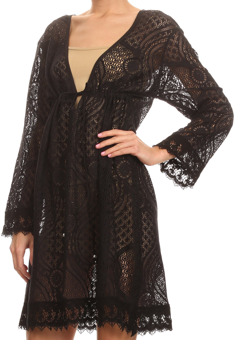 Sakkas Cal Long Crochet Lace Embroidered Adjustable Long Sleeve Tall Beach Dress