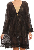 Sakkas Cal Long Crochet Lace Embroidered Adjustable Long Sleeve Tall Beach Dress#color_Black