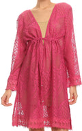 Sakkas Cal Long Crochet Lace Embroidered Adjustable Long Sleeve Tall Beach Dress#color_Fuchsia