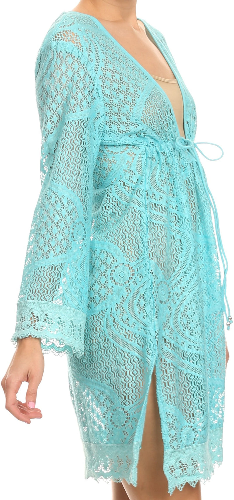 Sakkas Cal Long Crochet Lace Embroidered Adjustable Long Sleeve Tall Beach Dress
