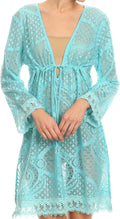 Sakkas Cal Long Crochet Lace Embroidered Adjustable Long Sleeve Tall Beach Dress#color_Turquoise