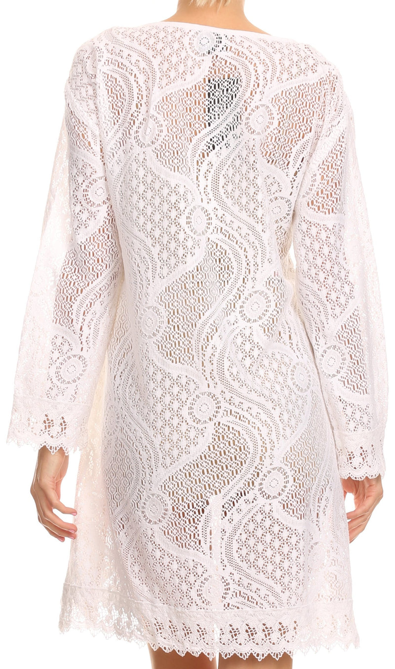 Sakkas Cal Long Crochet Lace Embroidered Adjustable Long Sleeve Tall Beach Dress
