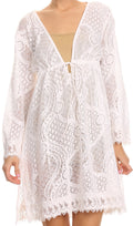 Sakkas Cal Long Crochet Lace Embroidered Adjustable Long Sleeve Tall Beach Dress#color_White