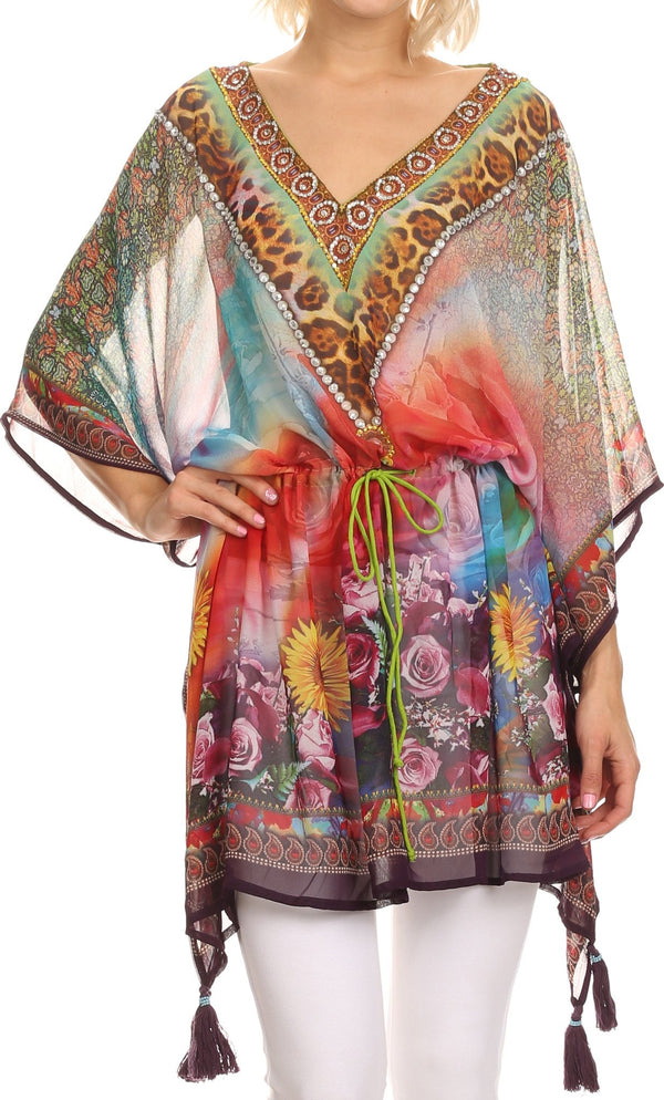 Sakkas Fual Long Printed Square Adjustable Waist Beaded Tassel Caftan Cover Up#color_NP22727-Cheetah