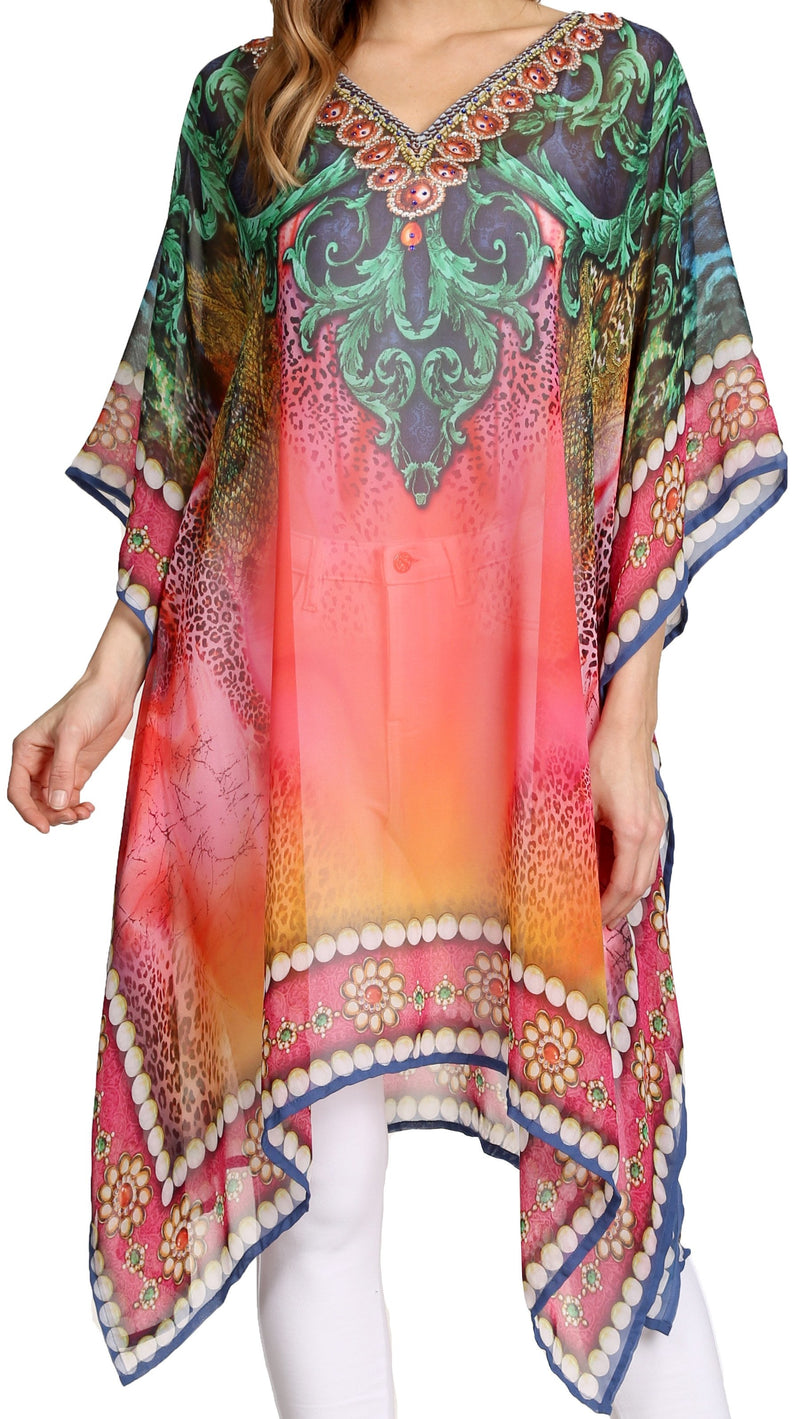 Sakkas Tala Rhinestone Accented Multicolored Sheer Beach Dress / Cover Up