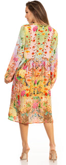 Sakkas Jules Women's Boho Long Sleeve Split Neck Floral Midi Dress Loose Cocktail