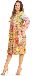 Sakkas Jules Women's Boho Long Sleeve Split Neck Floral Midi Dress Loose Cocktail